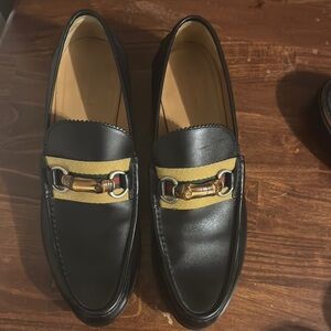 Gucci Black and Gold Leather Slip-On Loafers